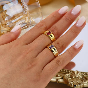 Anneaux fins tendance pour femmes, plaqués or, argent sterling S925, texture bombée, zircone cubique rouge violet, anneau serti de pierres brillantes - Product Image 5