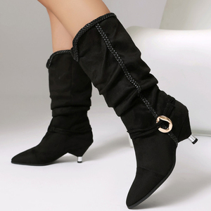 Big Size 46 Pleated Suede Ankle <b>Boots</b> Low Spike Heels Women Braid Shoes Pointy Toe Leopard Pattern Short Booties - Product Image 3
