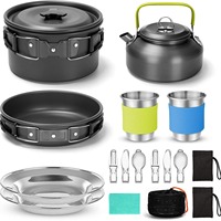 Antiaanbaklaag Lichtgewicht Pot Pan Ketelset 17 Stuks Kookgerei Set Met Opvouwbare Fornuis Bekers Borden Vorken Messen Lepels