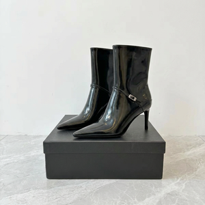 2026 Haute Couture Trendy Super High Heel Pointed Ankle <b>Boots</b> Black Metal Buckle Sexy Thin Heel Side <b>Zip</b> Ladies <b>Boots</b> Wholesale - Product Image 1
