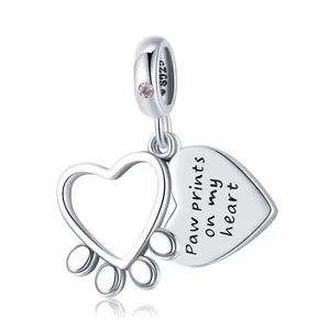 925 Sterling Silver Pet Paw Engraved Letters Heart Pendant Charm for DIY Jewelry Making