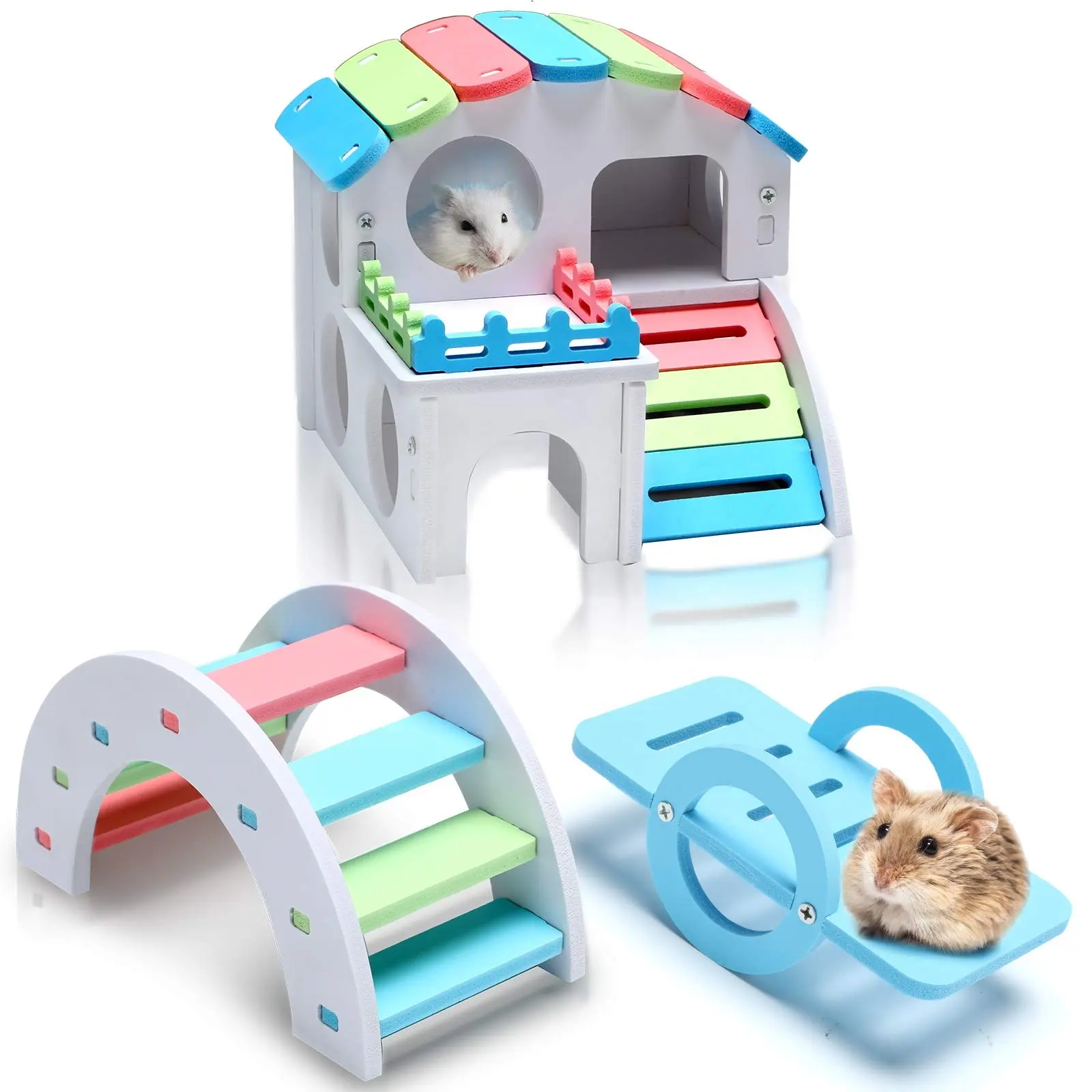 3 Pieces Fun Hamster Toys Guinea Pig Hideout Include Wooden Hamster House, Rainbow Bridge, Seesaw Toy DIY Play Toys