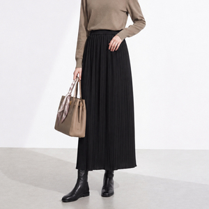 Women's Loose Miyake Vintage <b>Pleated</b> Minimalist Style A-Line Mid <b>Black</b> <b>Skirt</b> Breathable High Quality Elastic Waist Eco-Friendly - Product Image 1