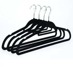 Velvet Hangers Customized Single Tier Black Velvet Hanger Classic Design Chrome Non-Slip Flocked Plastic Clothes Hanger Velvet Hanger