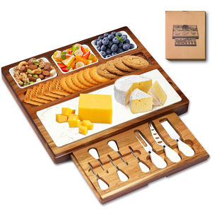 Planche à découper et plateau de service en bois d'acacia et marbre, plateau à charcuterie et à fromage avec tiroir caché, fourchettes, couteaux, bol <span class=keywords><strong>pour</strong></span> pique-nique, cadeau - Product Image 1