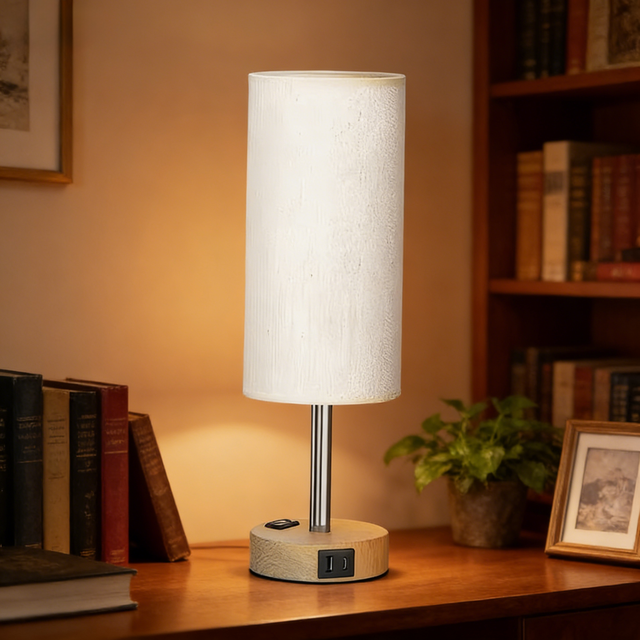 3 Way Dimmable Touch Lamp with USB C Charging Ports and AC Outlet Modern Simple Bedside Fabric Shade Table Lamp for Bedroom