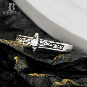 Unico Design annerimento Vintage S925 anello di apertura regolabile in <span class=keywords><strong>argento</strong></span> puro con petali di zircone da donna - Product Image 2