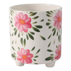 Pot de fleurs peint à la main avec des fleurs roses et des feuilles vertes pour la décoration intérieure et extérieure, salon, jardin. - Product Image 4