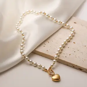 Stainless Steel Simple 18K Gold Plated Pearl Beaded Smooth Surface Small Heart Pendant Female Niche High-grade Necklace