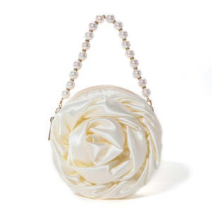 Sac à main de luxe rétro en satin et perles, style camélia et rose, pour soirée, fête ou mariage, avec chaîne et fermeture éclair, haute qualité - Product Image 1