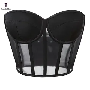 Yaz şeffaf seksi iç çamaşırı yastıklı sütyen Shapewear Lace Up kemikli korse saydam Mesh Bra büstiyer kırpılmış üst TString ile