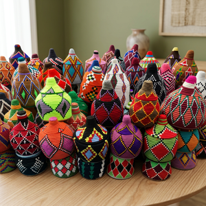 Panier artisanal en bambou tressé, écologique, art populaire, motifs géométriques colorés, matériau naturel, souvenir pour la maison - Product Image 2