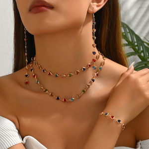 European and American style colorful heart jewelry <b>set</b>, candy-colored necklace, <b>bracelet</b>, earrings, glass heart-shaped ornaments - Product Image 2