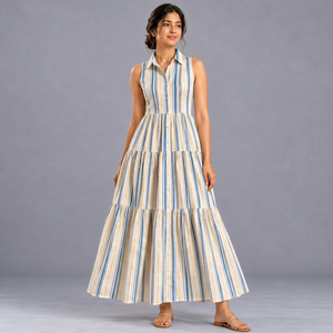 Vestido Camisero Maxi a Rayas de Algodón Cambray para Mujer – Vestido de Verano sin Mangas con Volantes de 120 GSM, Tejido de Algodón Suave para Primavera/Verano - Product Image 1