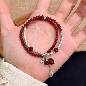 Pulsera de Plata de Ley S925 de Doble Capa con Ágata Roja y Dije de Semilla de Loto para Mujer, Uso Diario - Product Image 4