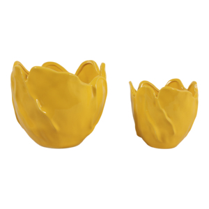 Vasi in ceramica a forma di fiore, design tulipano giallo, decorativi per interni ed esterni, set di due. - Product Image 3