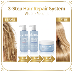Ensemble de soins capillaires Pallamina en gros : Shampoing, <span class=keywords><strong>après</strong></span>-shampoing et masque capillaire à la kératine et aux protéines pour un traitement revitalisant en profondeur des <span class=keywords><strong>cheveux</strong></span> abîmés (OEM) - Product Image 5