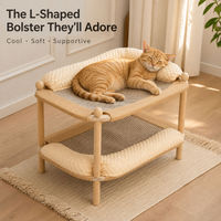 Lit pour chat en bois double couche, lit rafraîchissant d'été pour animaux de compagnie avec tapis à gratter en jute, coussin en forme de L pour chats d'intérieur