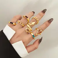 Conjunto de anillos de joyería de acero inoxidable para mujer, cadena de eslabones chapada en oro, banda ancha trenzada geométrica, anillos ajustables abiertos