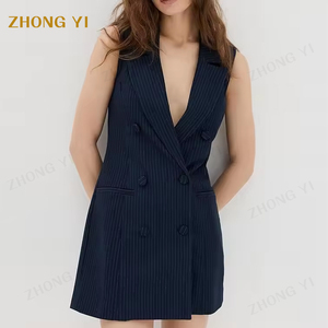 Groothandel Vrouwen Streep Ponte Mouwloze V-Hals Blazer Jurk Kraag Hals Piek Revers Double Breasted Knoopsluiting Pak - Product Image 3