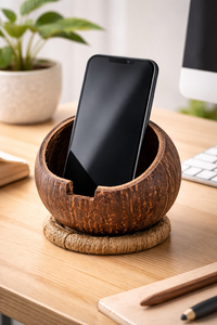 Support de téléphone portable moderne en coquille de noix de coco, fait main, écologique, organiseur de bureau, décoration d'intérieur - Product Image 3