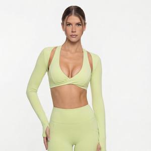 Completo Sportivo da Donna <span class=keywords><strong>2</strong></span> Pezzi, Top Corto a Maniche Lunghe con Dettaglio Intrecciato e Pantaloni a Vita Alta, Abbigliamento Traspirante per Yoga e Palestra - Product Image 1
