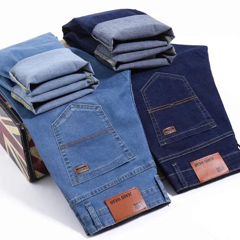 OEM/ODM kustom pria distributor klasik elastisitas bisnis lurus celana Jeans Denim