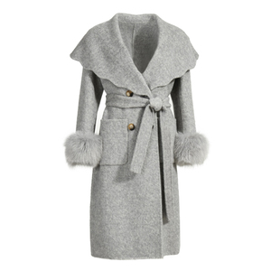 Abrigo Largo de Cachemira Suave Personalizado de Doble Cara con Botones y Puños de Piel Auténtica para Mujer, Transpirable, Informal, para Otoño e Invierno, Color Gris - Product Image 1