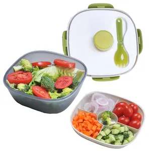To go 4-compartments salad dressing containers bento box plastic lunch box with lid and removable forks for lunch