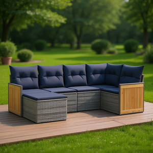 Ensemble de canapé de jardin en polyrotin gris 6 pièces avec coussins, mobilier d'extérieur, panneau en bois de teck, design contemporain - Product Image 3