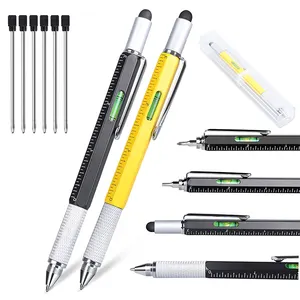 Stock 6 in 1 pen multi functional tool pen set metal ballpoint pen with stylus, ruler, level and screwdrivers