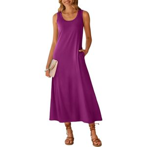 Robe longue maxi FOXA pour femme, col rond, sans manches, coupe ample, tricotée, respirante, décontractée, pour l'été, la plage et les voyages - Product Image 1