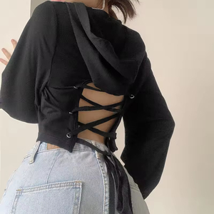 Sweat-shirt à <span class=keywords><strong>capuche</strong></span> court <span class=keywords><strong>noir</strong></span> et rose à manches longues tendance pour femmes, avec lien à nouer dans le dos, marque privée personnalisée Loveda - Product Image 2