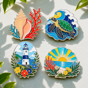 Ensemble de broches en métal personnalisées sur le thème de la mer, avec motifs coquillage, corail, tortue, phare et coucher de soleil, plaqué argent, forme irrégulière, souvenir - Product Image 1