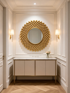 Miroir mural rond de luxe doré perlé, miroir décoratif artisanal à cadre sphérique pour entrée de villa, hôtel, décoration murale - Product Image 2