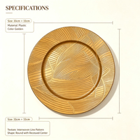 Assiette de présentation en plastique PP dorée sur mesure, motif abstrait feuille en relief, pour décoration de table de mariage ou de fêtes