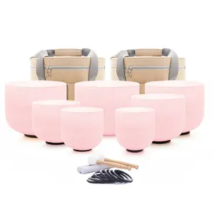 Pink Frosted 6-12inch 432hz Quartz Crystal Singing Bowl 7pcs Chakra Set CDEFGAB Note With Beige Carry Case