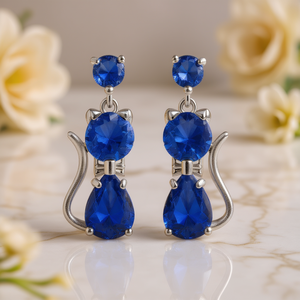 Pendientes colgantes de gato azul zafiro E3821 para mujer, joyería de aleación, regalo, pendientes de moda con piedras redondas de corte brillante y engaste de garra. - Product Image 2