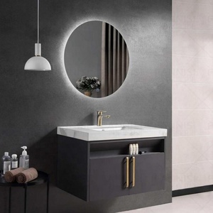 Marble vanity top single bathroom sink basin modern float cabinet with LED backlit round mirror