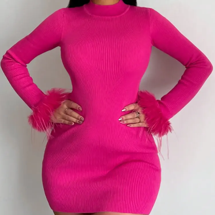 2024 Mùa Thu Rắn Dài Tay Áo Lông Chắp Vá Mini Dress Phụ Nữ Sexy Cơ Thể Định Hình
