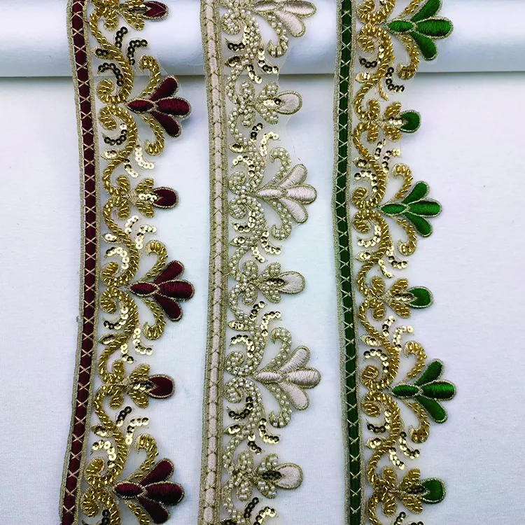 Toptan renkli el yapımı düğün boncuklu çiçek Trim altın 3D naylon dantel işlemeli şerit aplike ve elbise için Trim