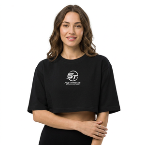 FIVE THREADS Streetwear Oversized Drop Shoulder Crop <b>Top</b> Black Short Sleeve O-Neck Jersey Cotton Casual T-Shirt Front Logo Print - Product Image 1