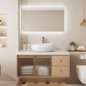 Wooden colored rock slab countertop basin intelligent <b>mirror</b> cabinet <b>wall</b> mounted bathroom cabinet - Product Image 2