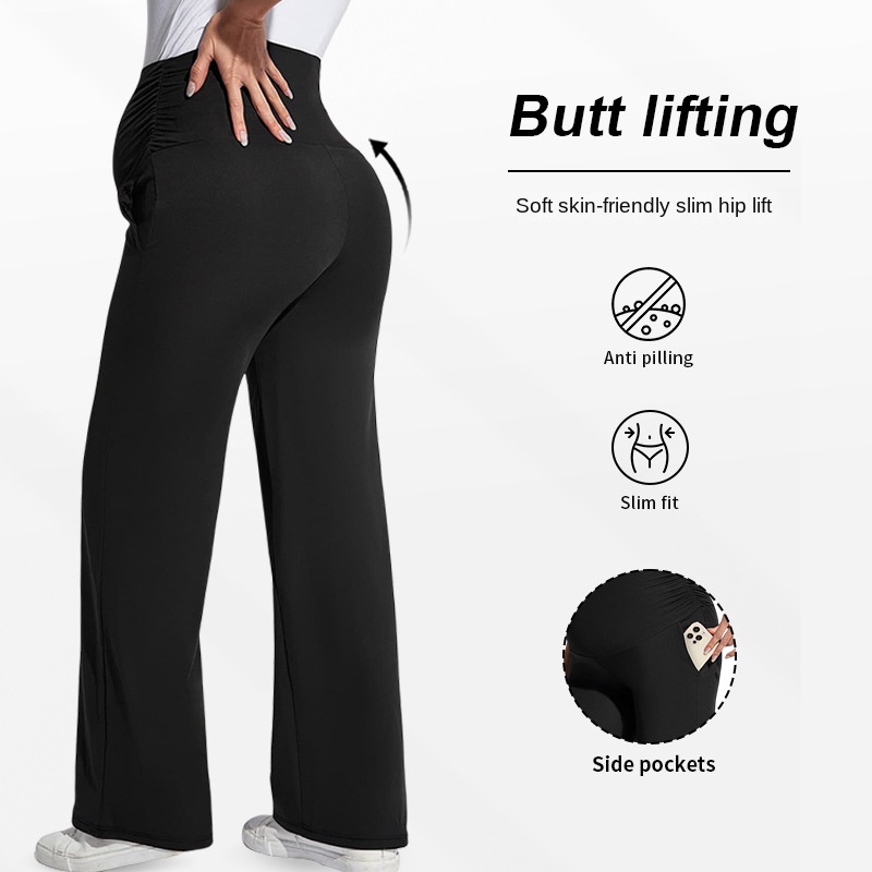Maternity Yoga Workout Wide Leg Pants High Waist Gym Leggings for Pregnant Women's Straight Pants With Pocket