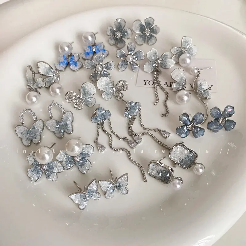 925 argent aiguille dégradé bleu cristal papillon fleur coeur boucles d'oreilles