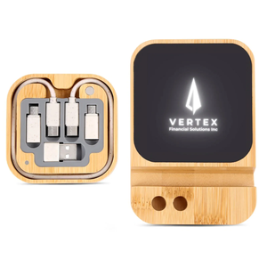 60W Bamboo Charging Set 6-in-1 Travel Organizer with 15W Wireless USB Charger and Phone Holder Multi Cable Set