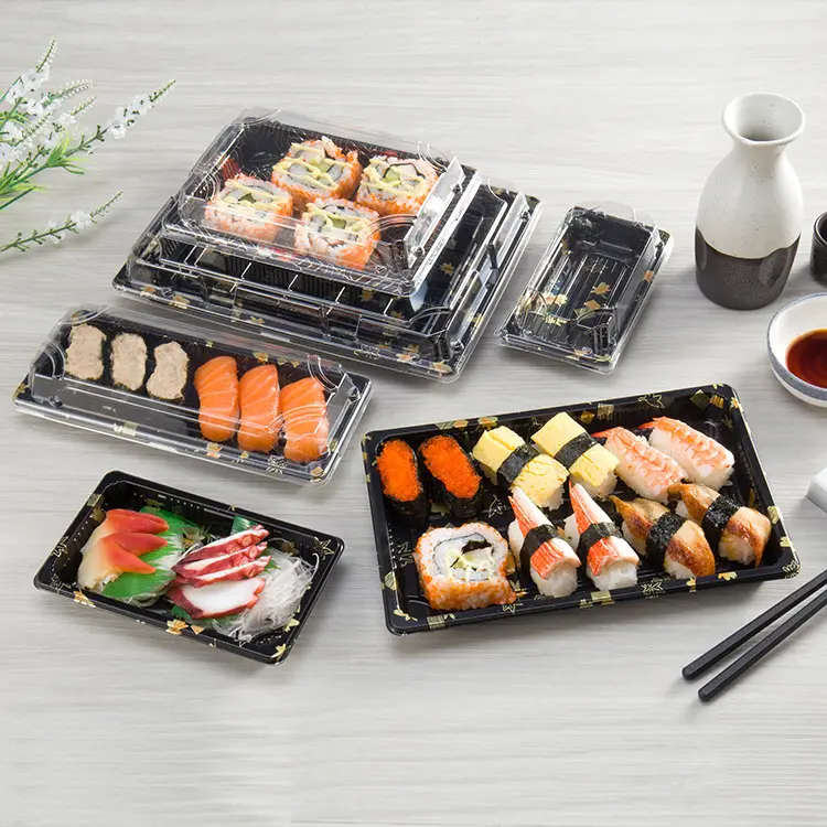 Caja de plástico desechable para llevar comida, embalaje de bandejas con tapa, Rectangular, negra, japonesa, coreana