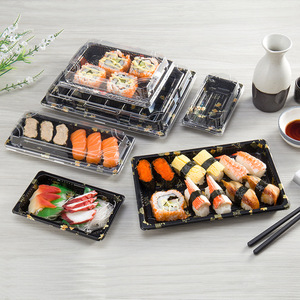 Disposable Plastic Take Away Box Sushi Takeaway Trays Packaging With Lid Black Rectangular Japanese Korean Food Container Carton