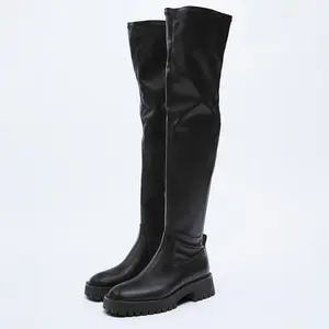Botas preto sobre joelho vintage (mulheres) são finas no outono e inverno. Botas de salto alto com salto fino, zíper lateral de dedo redondo, kni