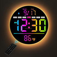 Jam Dinding Digital Bulat Besar, 11 Warna RGB, Remote Control, Pengaturan Kecerahan Otomatis, Temperatur, DST, Lampu Malam, Penghitung Waktu Mundur